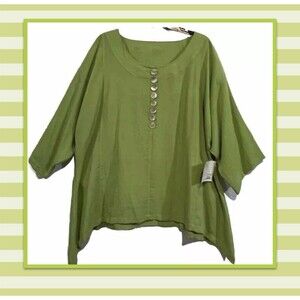 New‎ Fridaze Top Women's XL Kiwi Green Linen Buttons 3/4 Sleeve Blouse